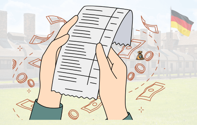 A hand holding a receipt illustrating expenses with a German flag at the background