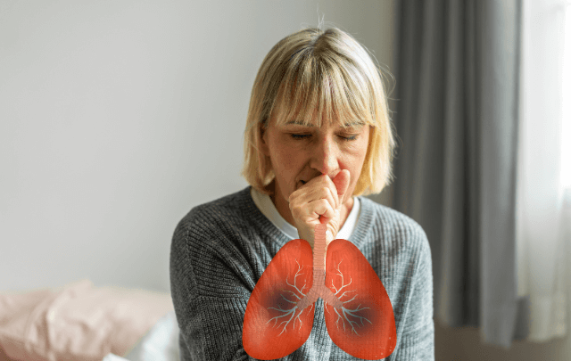 A woman coughing with a graphics of her lungs