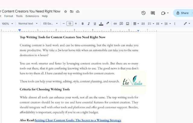 Screen showing document in Google Docs