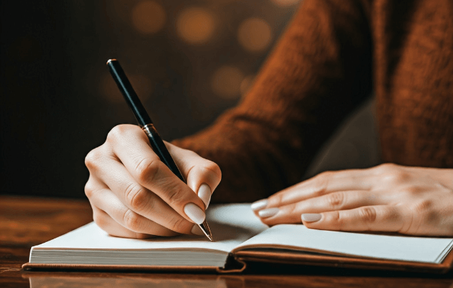 A female with a pen writing in a book