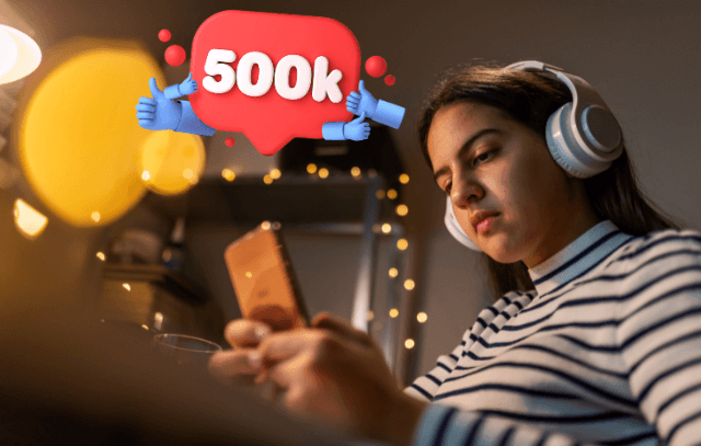 A girl wearing a head set, looking at her phone and a pop up of 500k social media engagement.