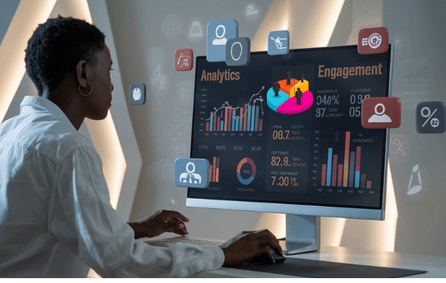 a lady holding a mouse and looking at her computer